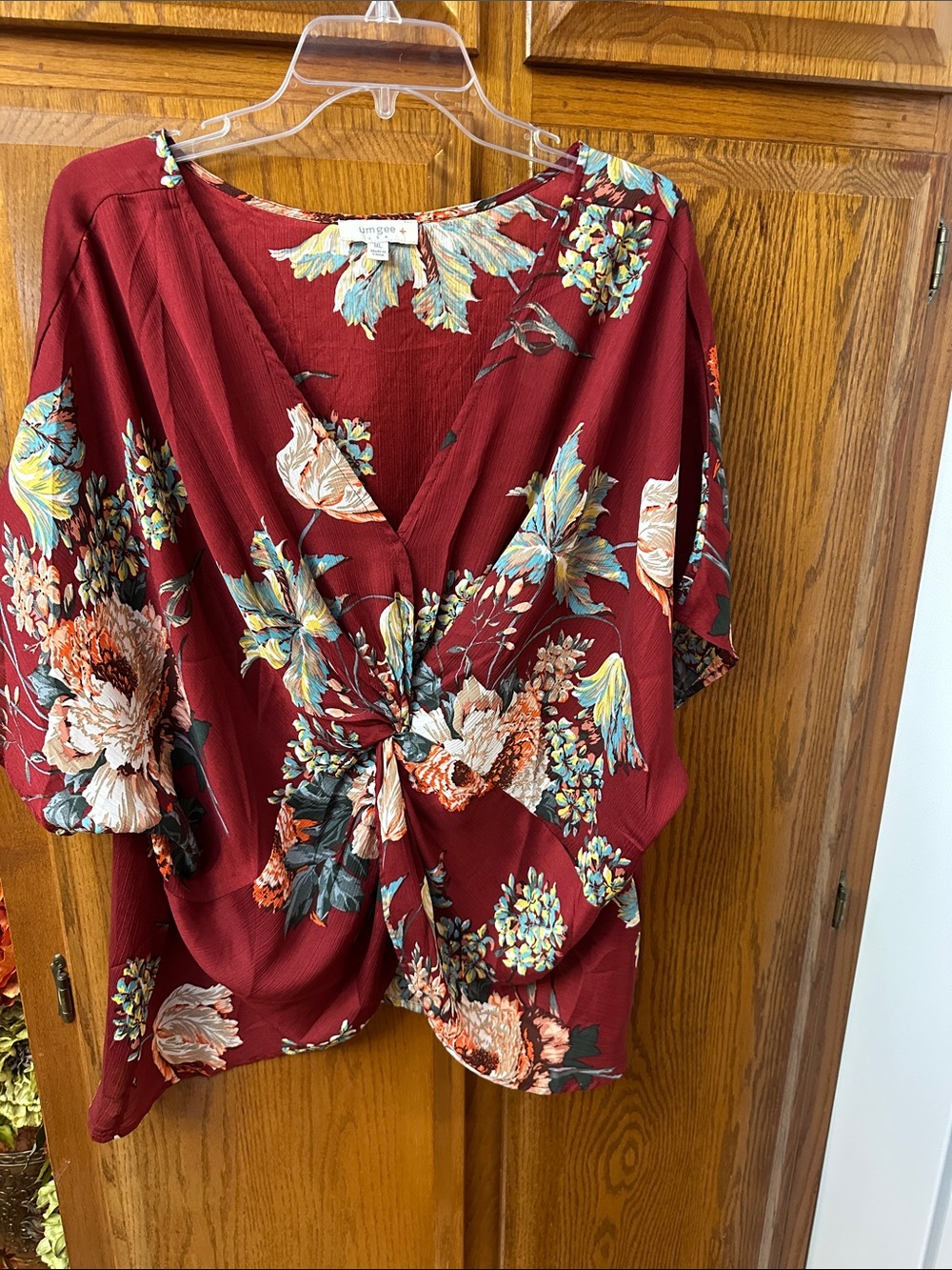 Umgee Burgundy Floral Twist-Front Blouse